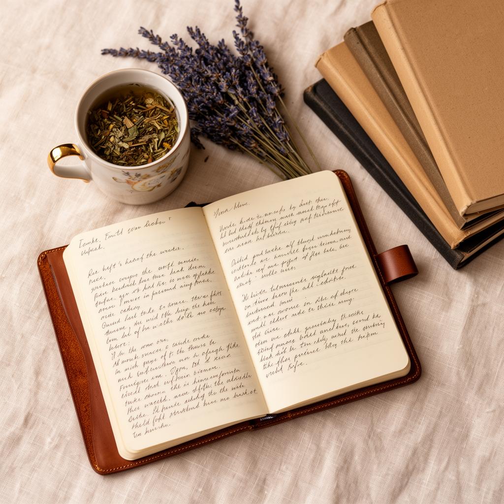 Open book, journal, and ceramic teacup on a quiet table