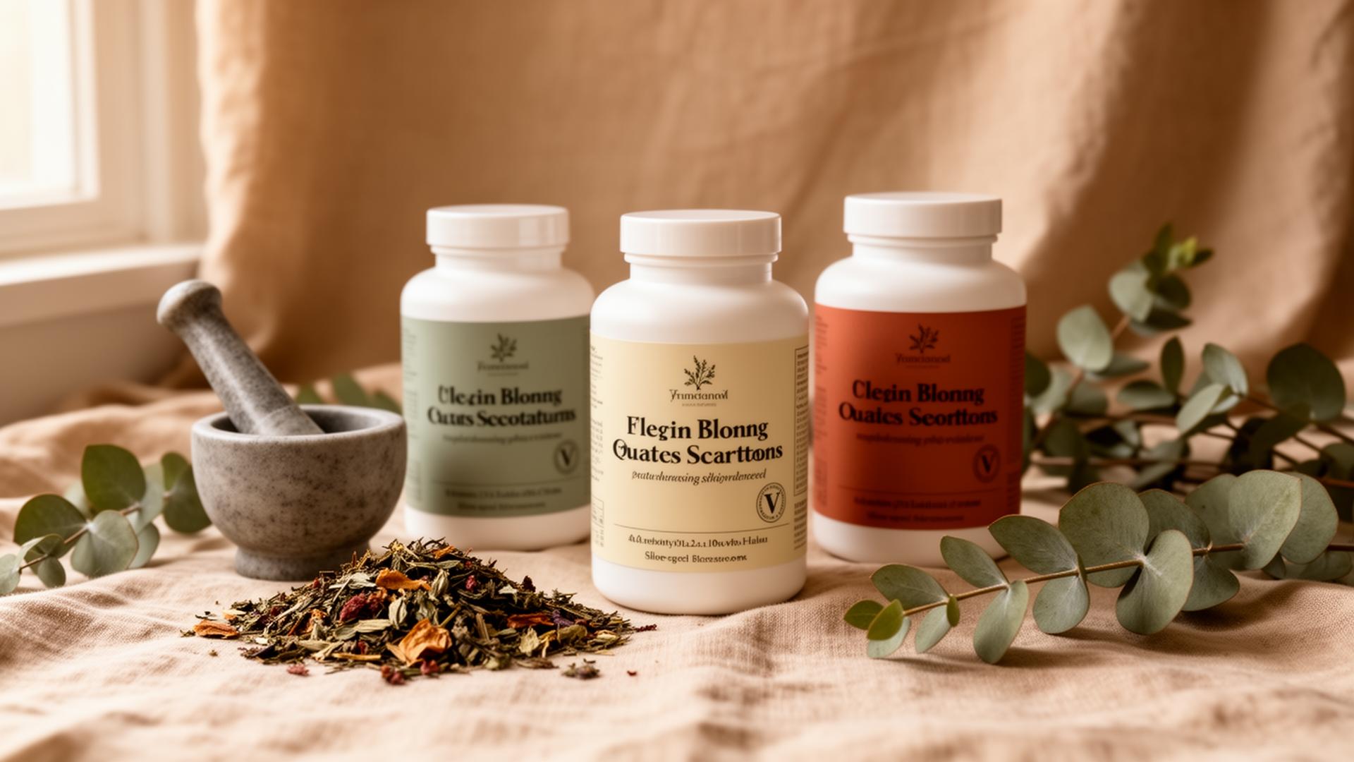 Professional supplement bottles with dried herbs and a mortar and pestle