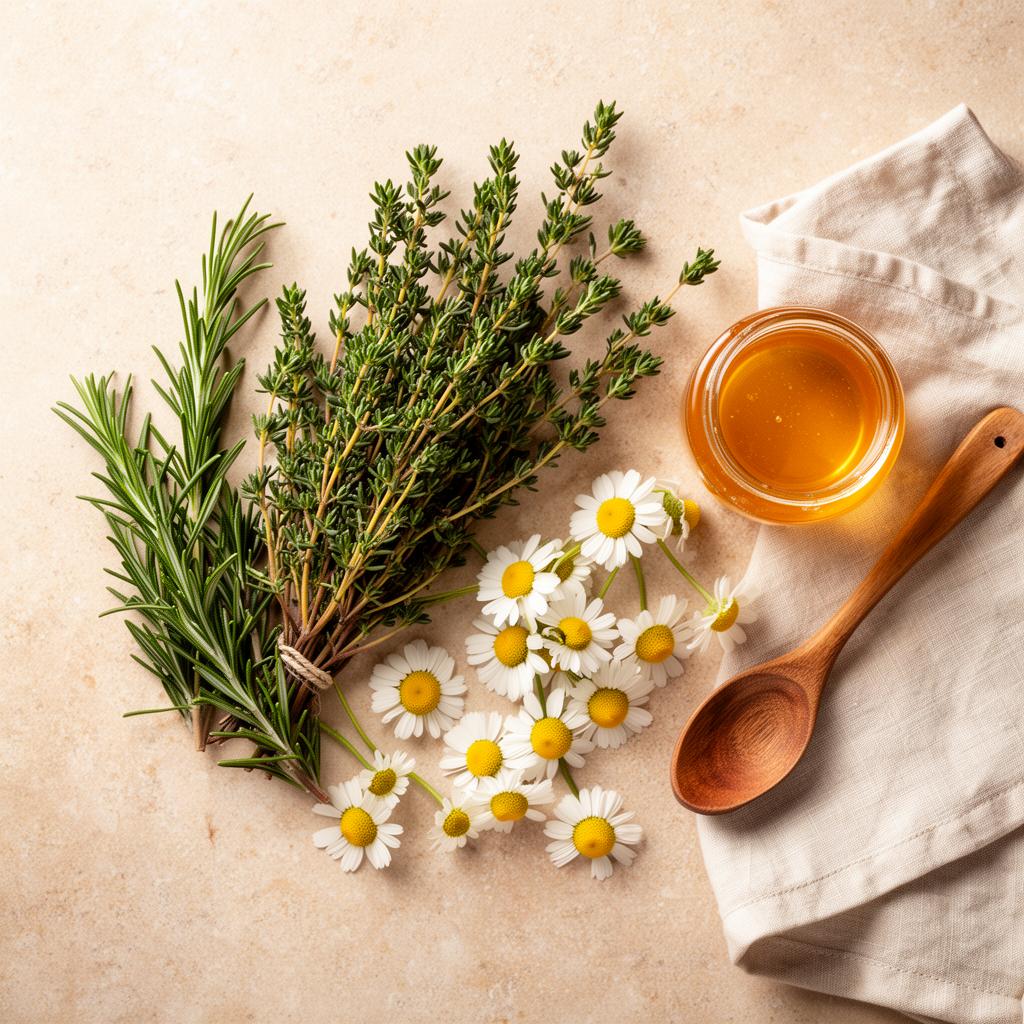 Fresh rosemary, thyme, chamomile, honey and a wooden spoon on a stone surface