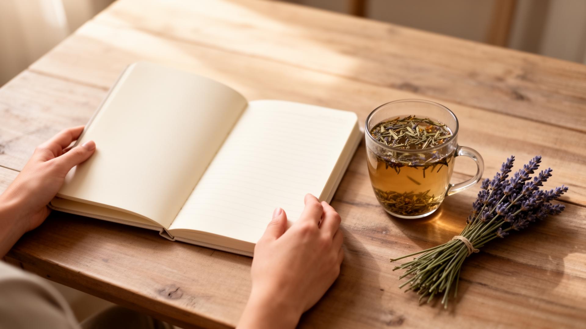 Hands holding a notebook beside a cup of herbal tea and lavender